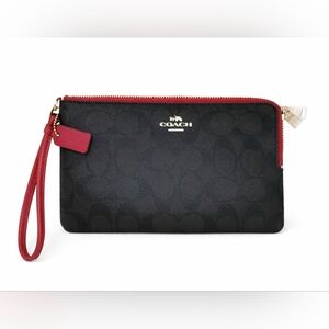 Coach Signature Brown and Red Leather Wristlet